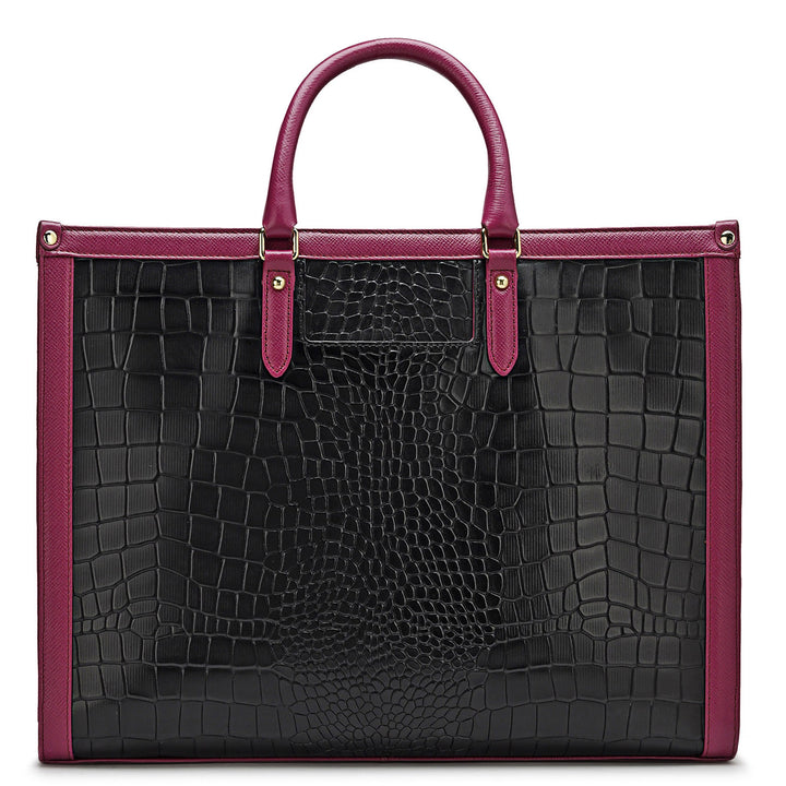 Large Croco Leather Book Tote - Black