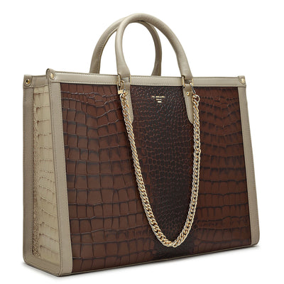 Large Croco Leather Book Tote - Brown
