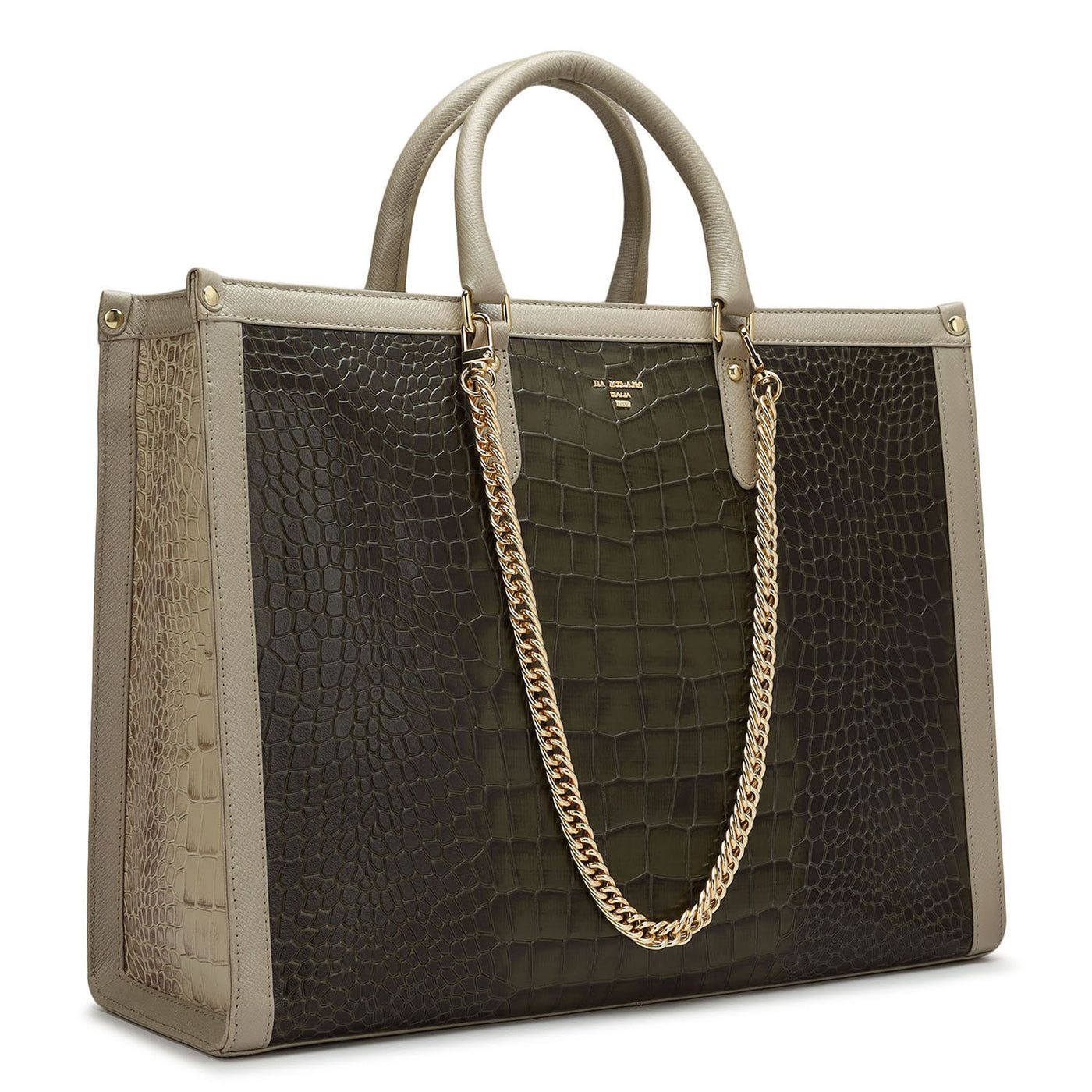 Large Croco Leather Book Tote - Military Green