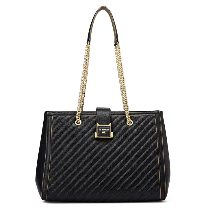 Medium Wax Stripe Leather Shoulder Bag - Black