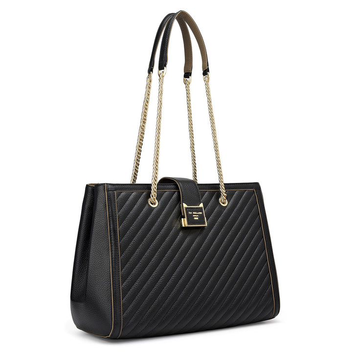 Medium Wax Stripe Leather Shoulder Bag - Black