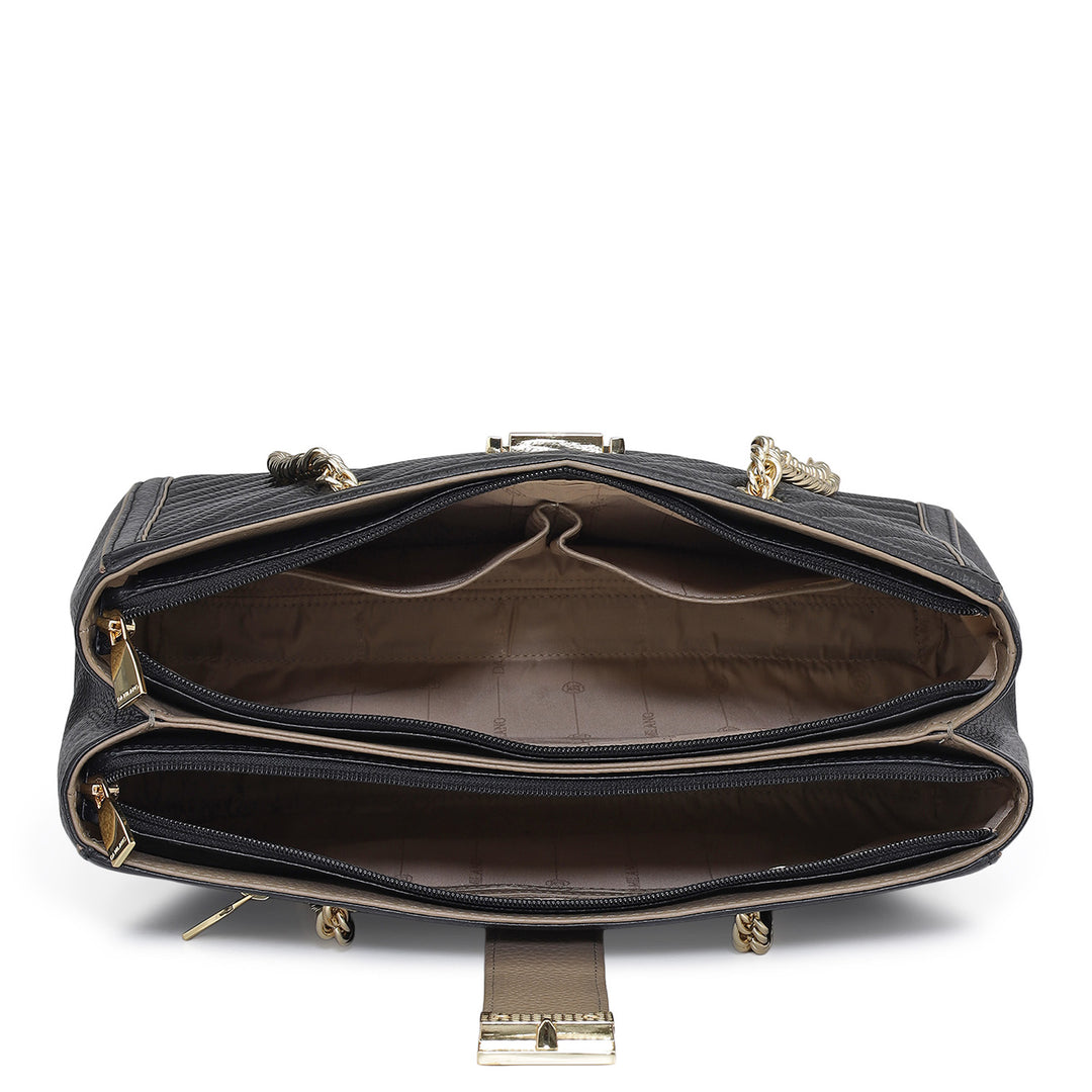 Medium Wax Stripe Leather Shoulder Bag - Black