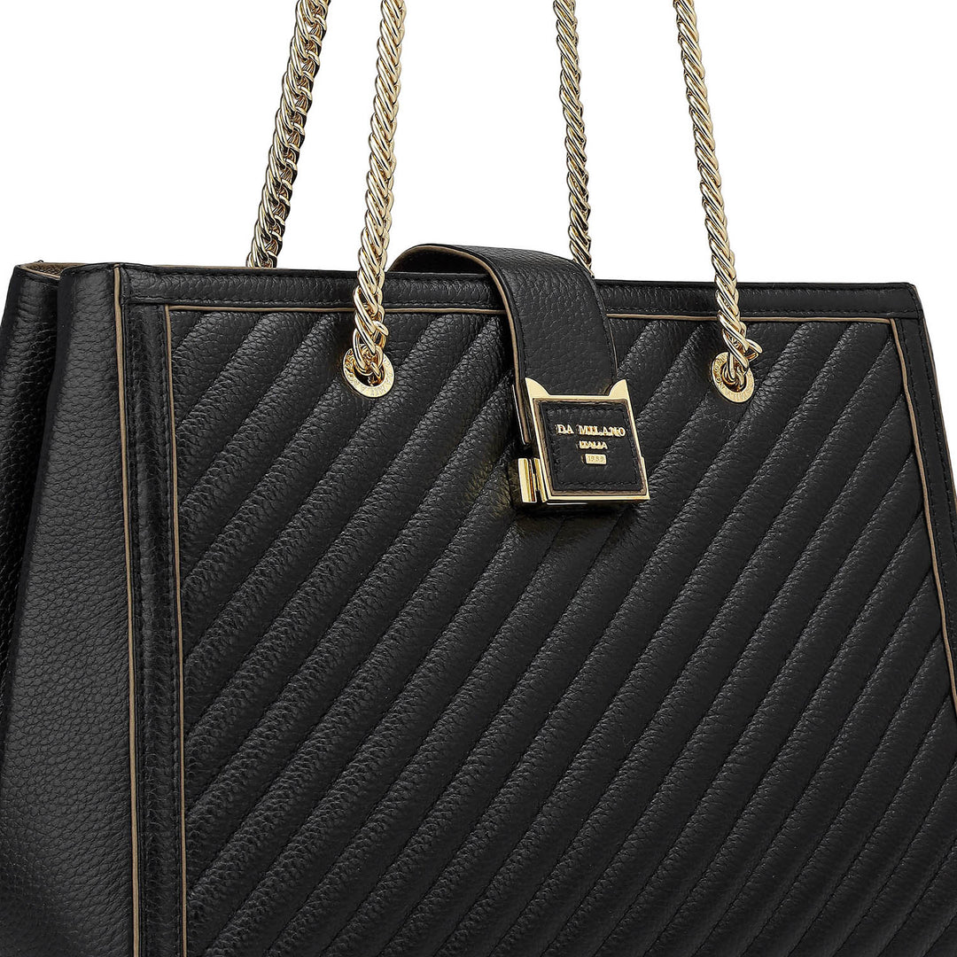 Medium Wax Stripe Leather Shoulder Bag - Black