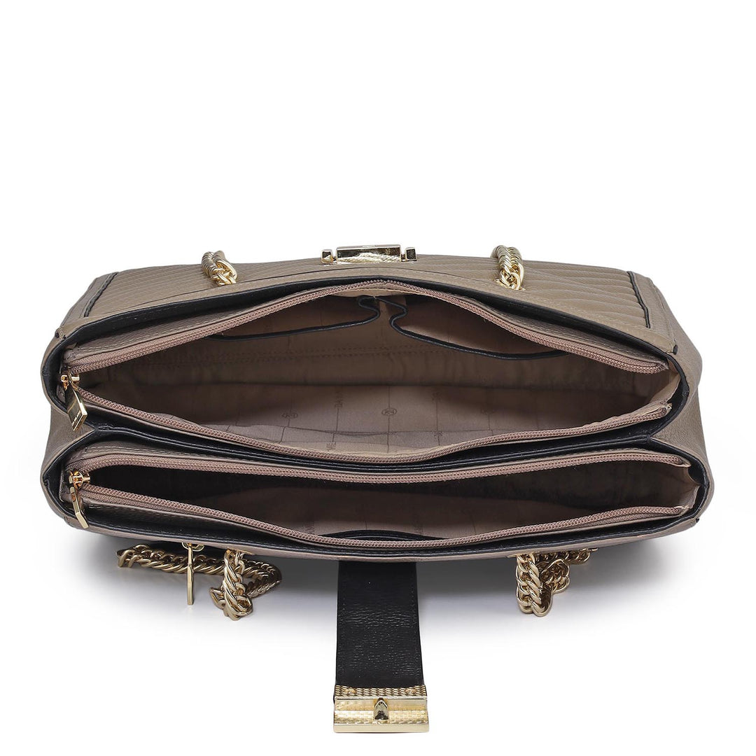 Medium Wax Stripe Leather Shoulder Bag - Greyish Taupe