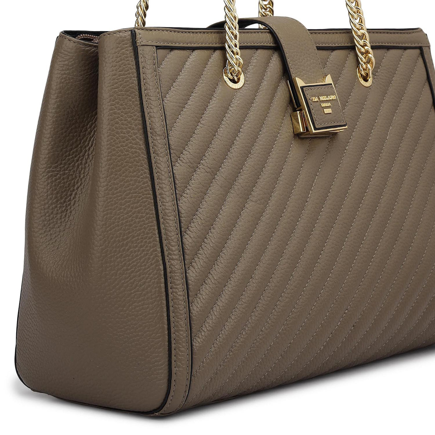 Medium Wax Stripe Leather Shoulder Bag - Greyish Taupe