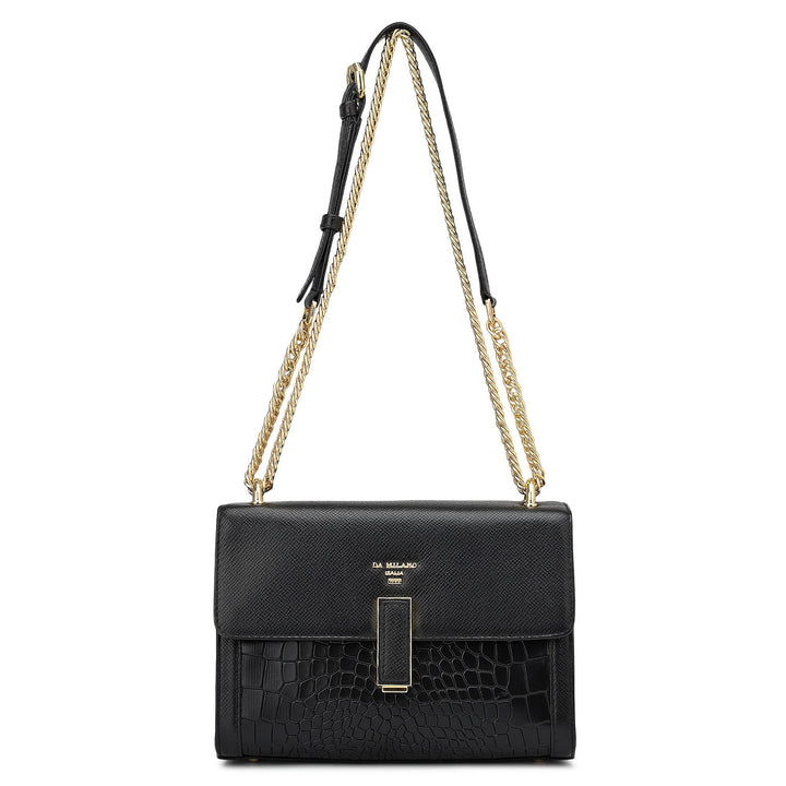 Small Franzy Croco Leather Shoulder Bag - Black