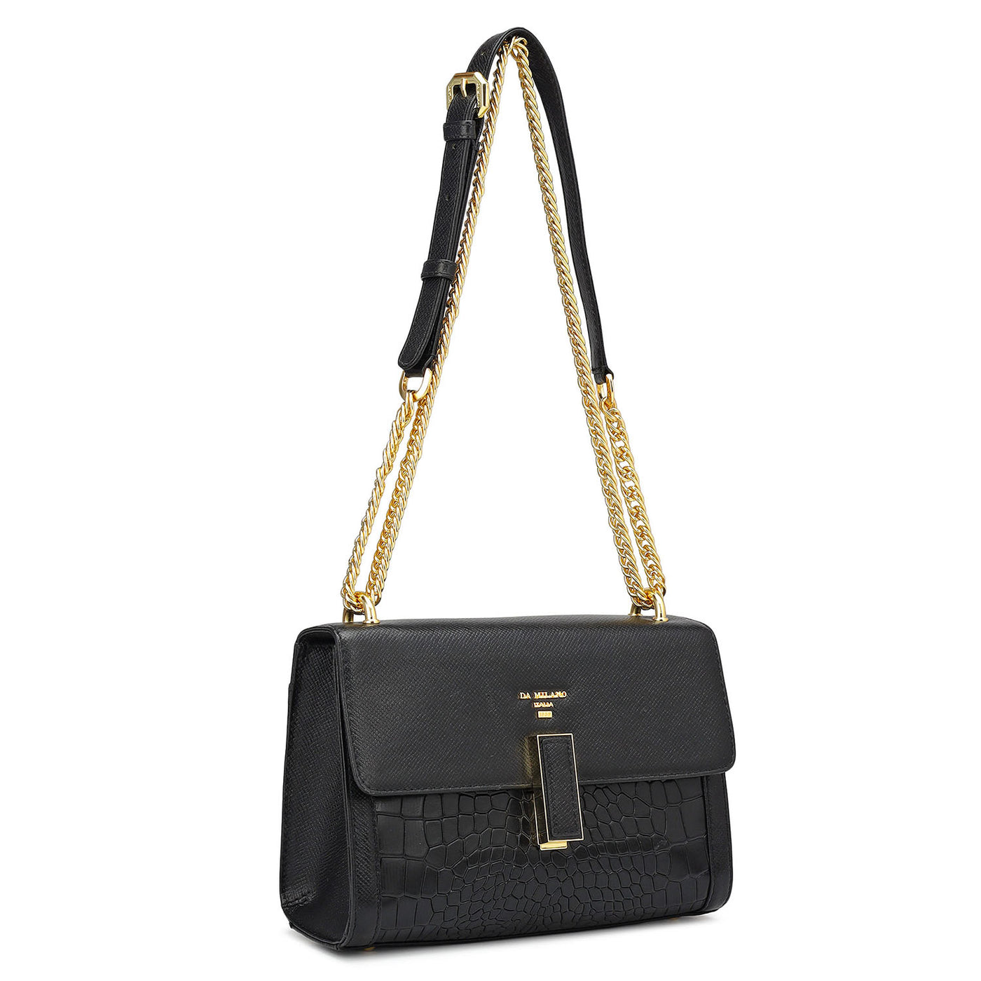 Small Franzy Croco Leather Shoulder Bag - Black