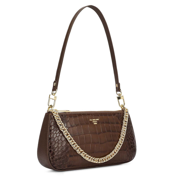 Small Croco Leather Baguette - Walnut