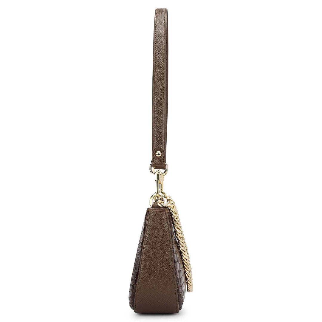 Small Croco Leather Baguette - Walnut