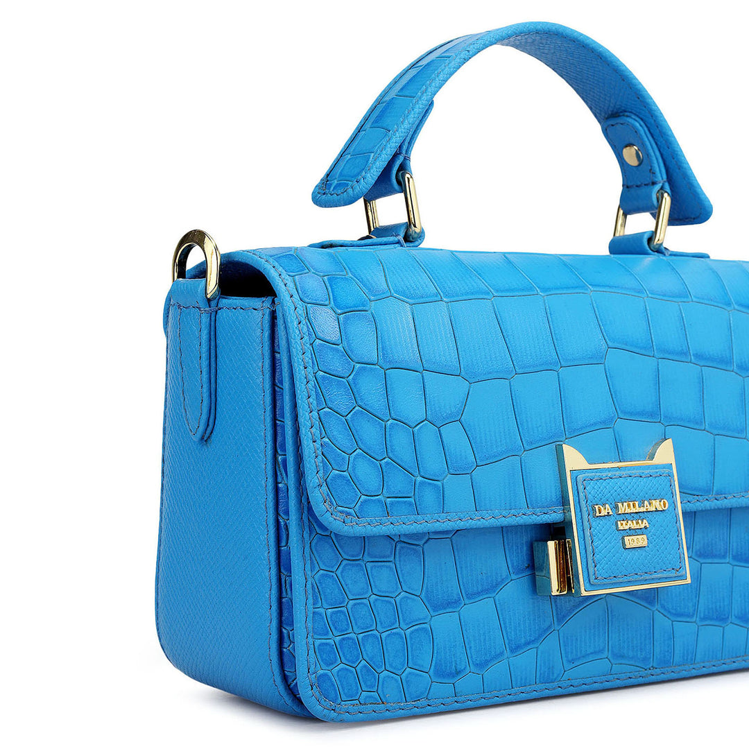 Small Croco Leather Satchel - Blue
