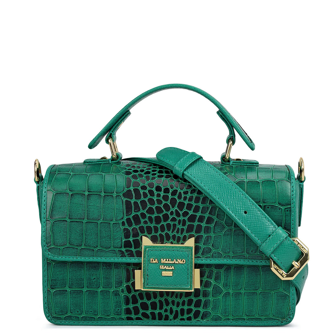 Small Croco Leather Satchel - Emerald Green
