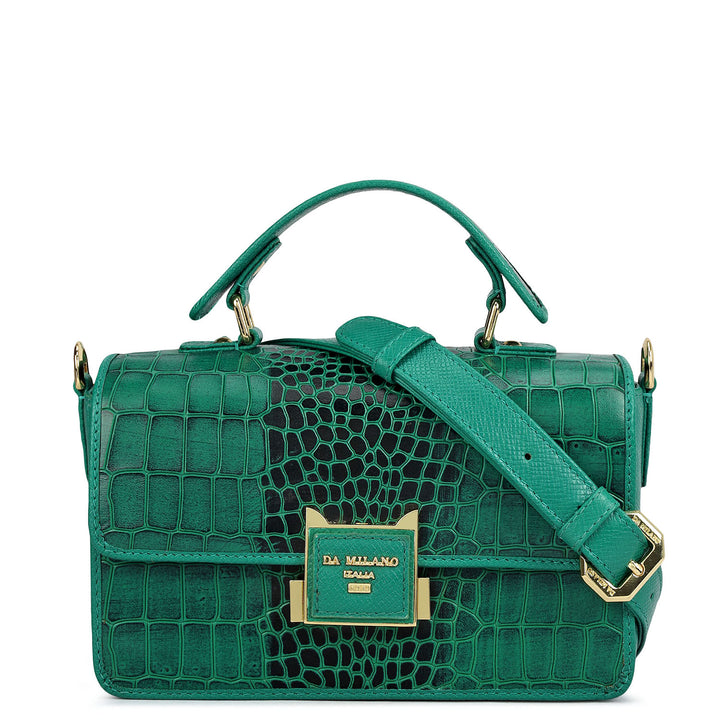 Small Croco Leather Satchel - Emerald Green