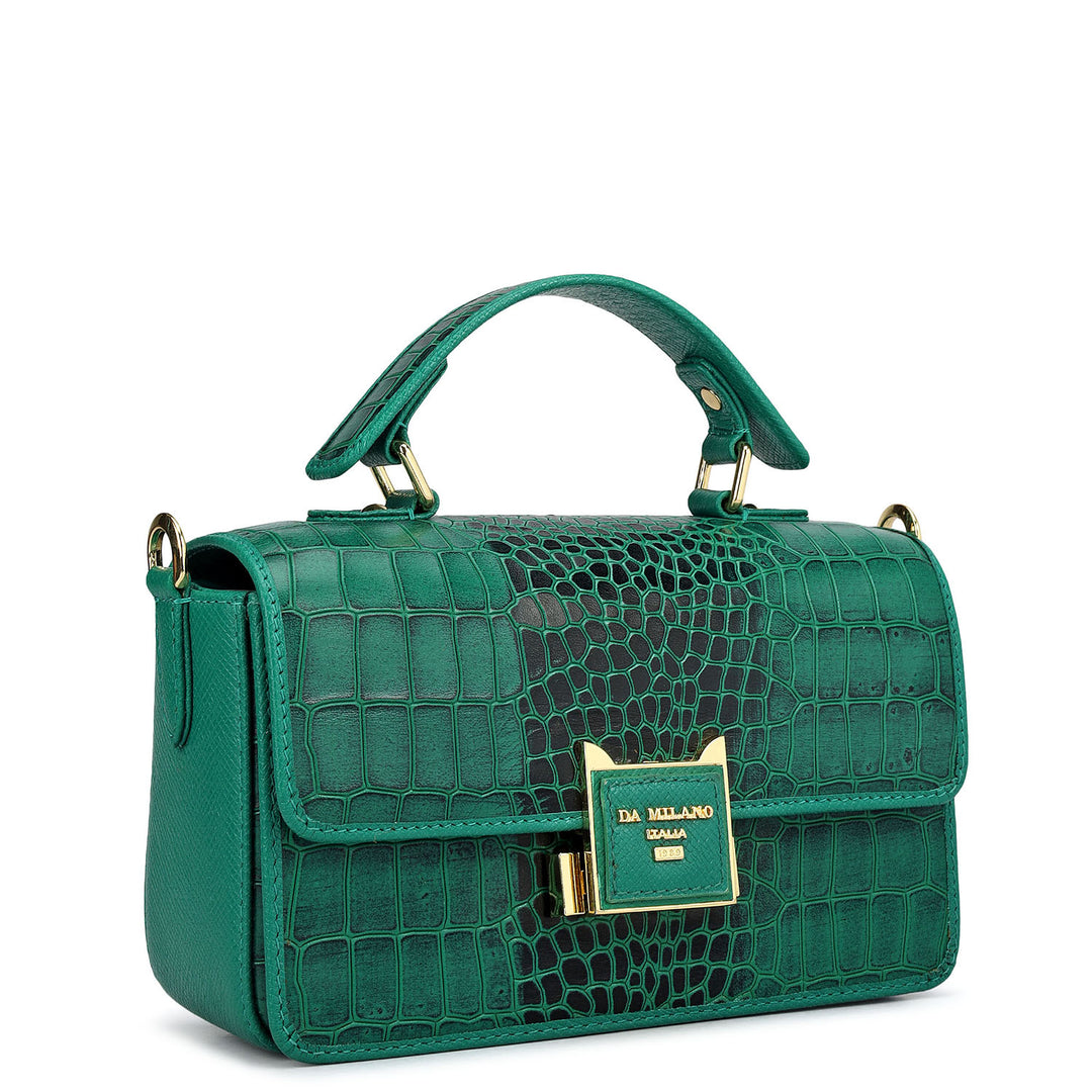 Small Croco Leather Satchel - Emerald Green