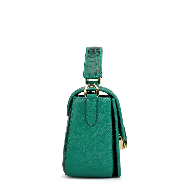 Small Croco Leather Satchel - Emerald Green
