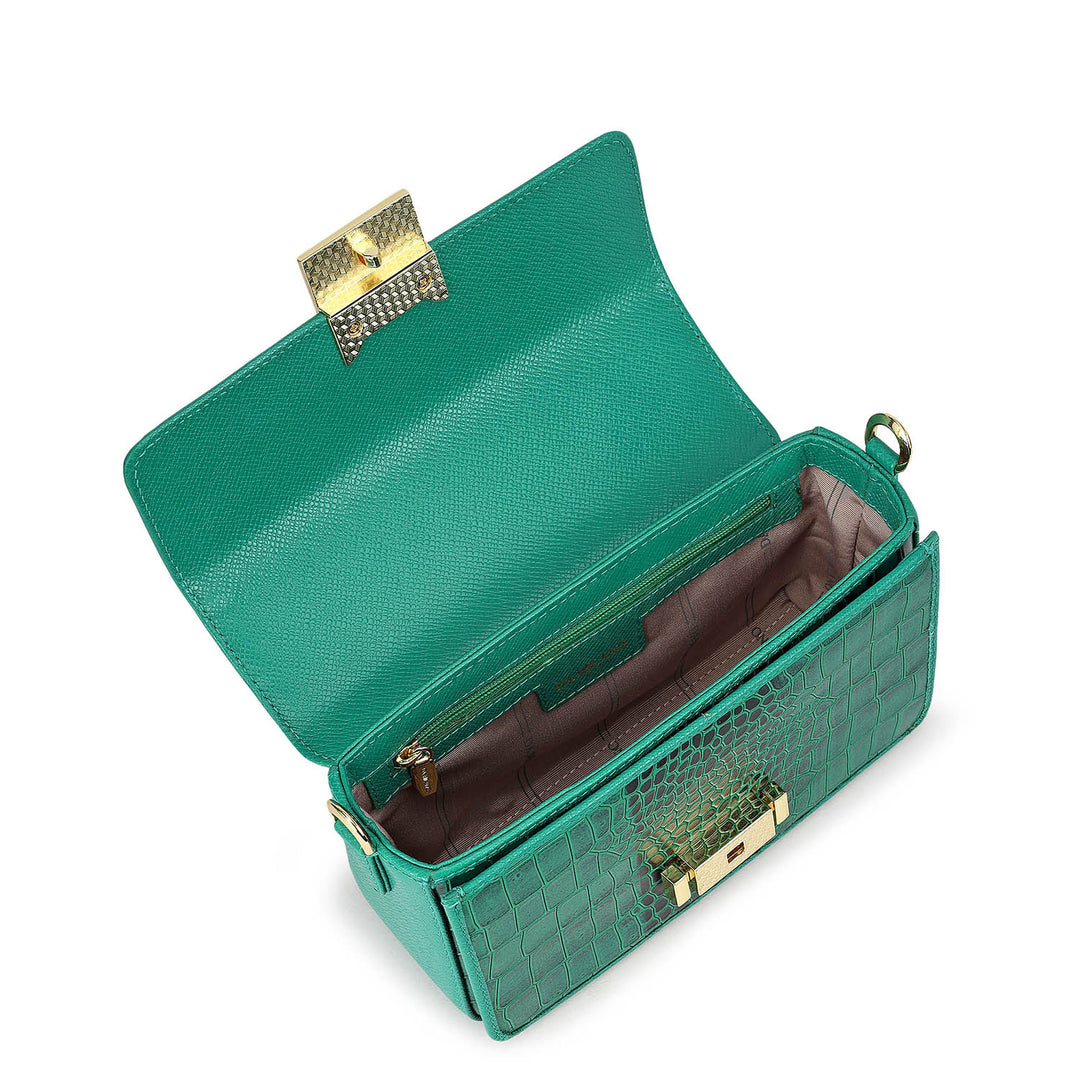 Small Croco Leather Satchel - Emerald Green