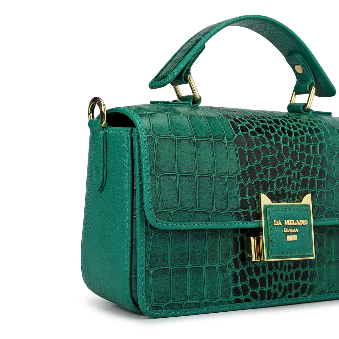 Small Croco Leather Satchel - Emerald Green