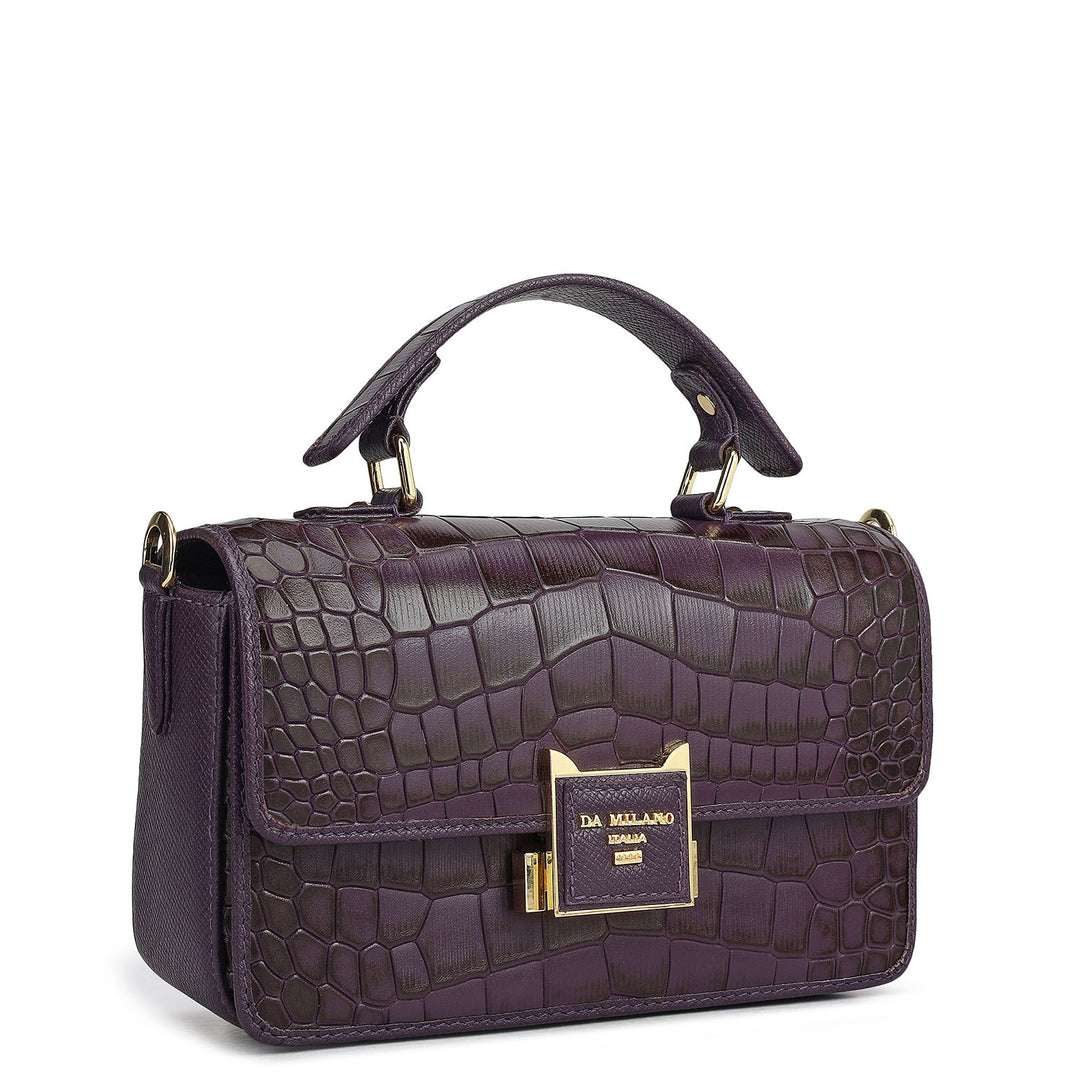 Small Croco Leather Satchel - Grapevine