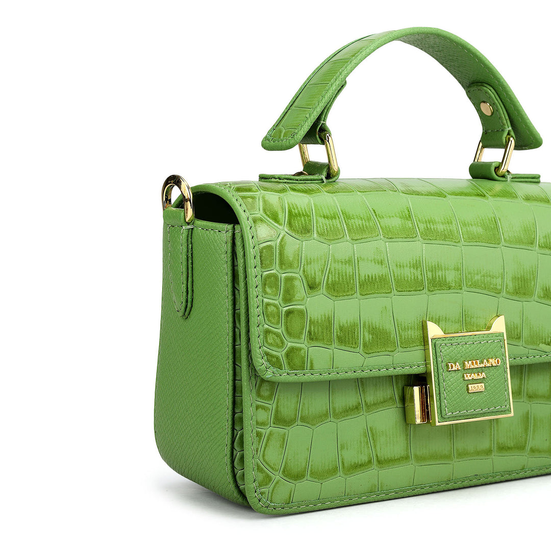 Small Croco Leather Satchel - Kiwi