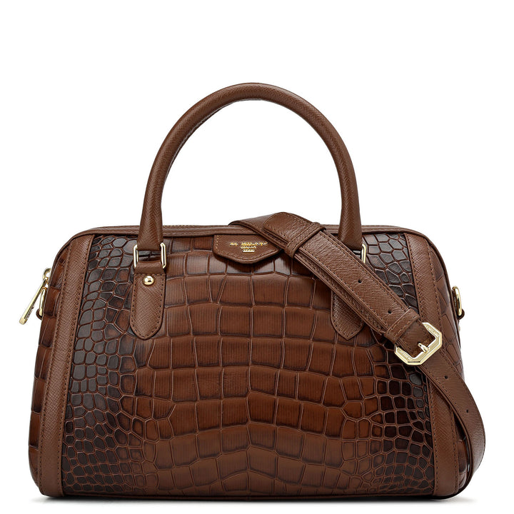 Medium Croco Leather Satchel - Walnut