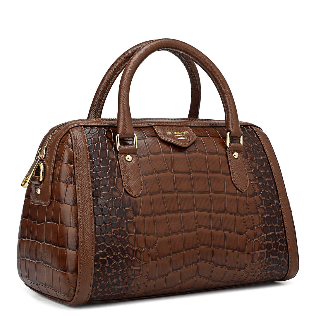 Medium Croco Leather Satchel - Walnut
