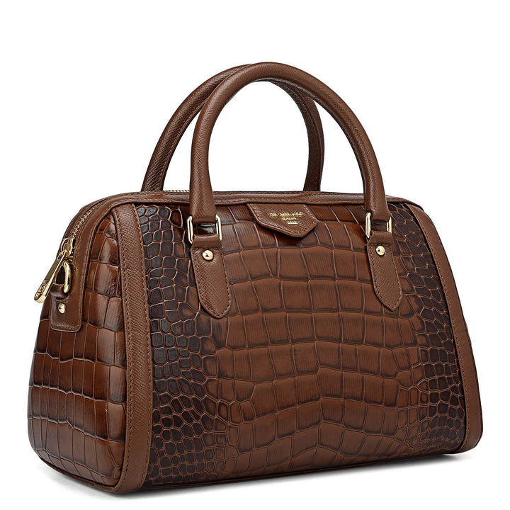 Medium Croco Leather Satchel - Walnut