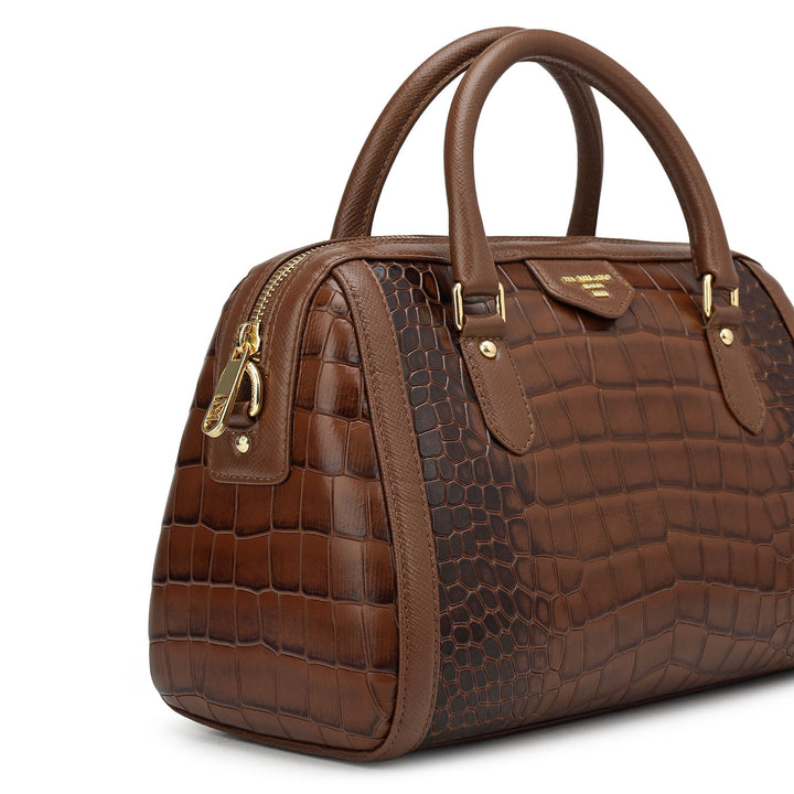 Medium Croco Leather Satchel - Walnut