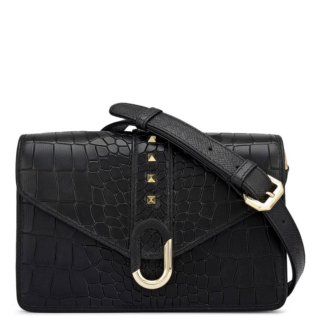 Small Croco Leather Shoulder Bag - Black