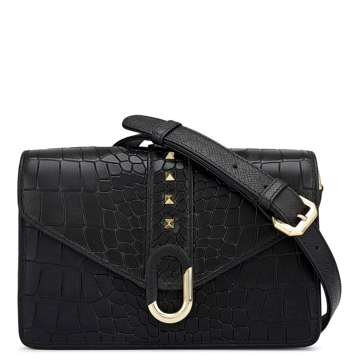 Small Croco Leather Shoulder Bag - Black
