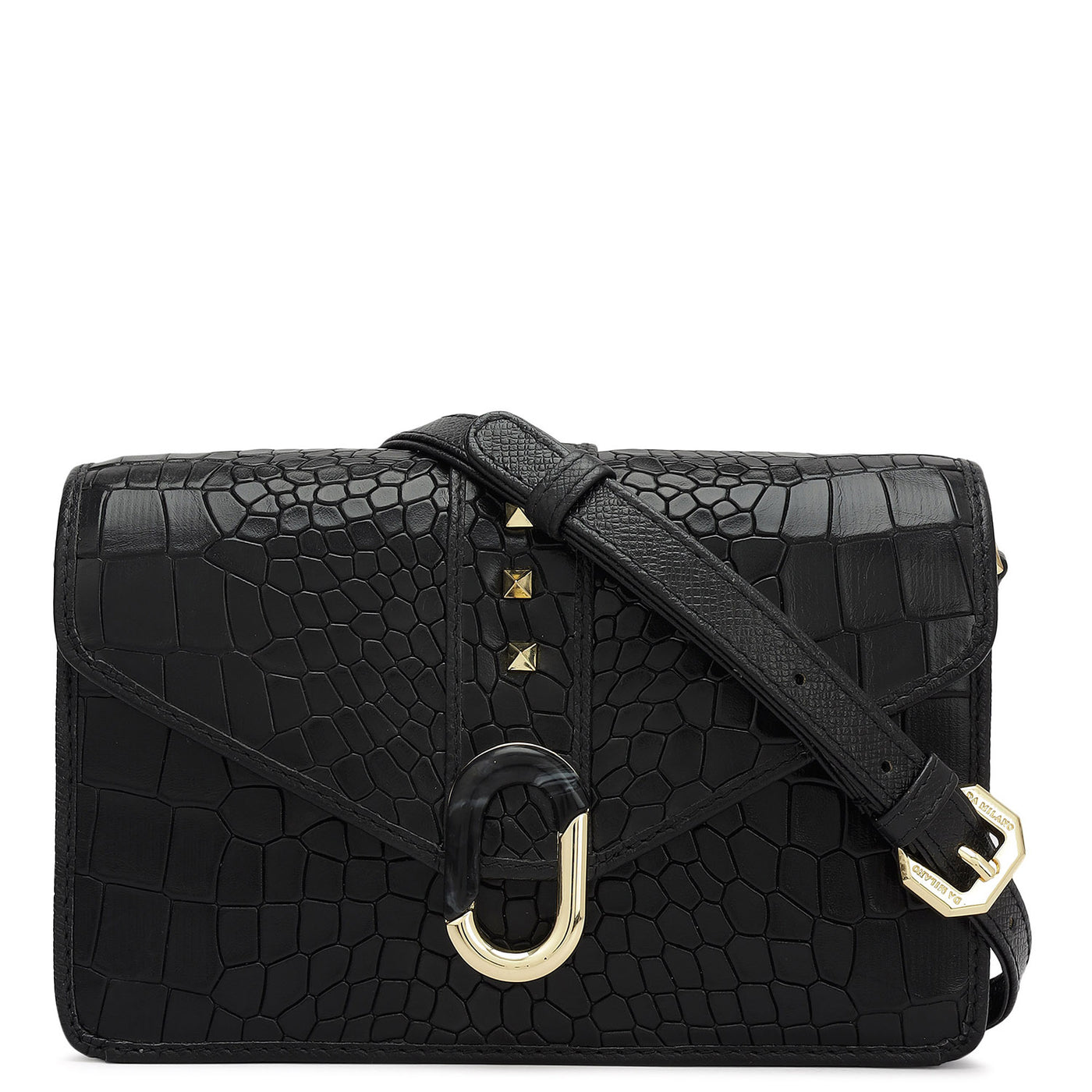 Small Croco Leather Shoulder Bag - Black