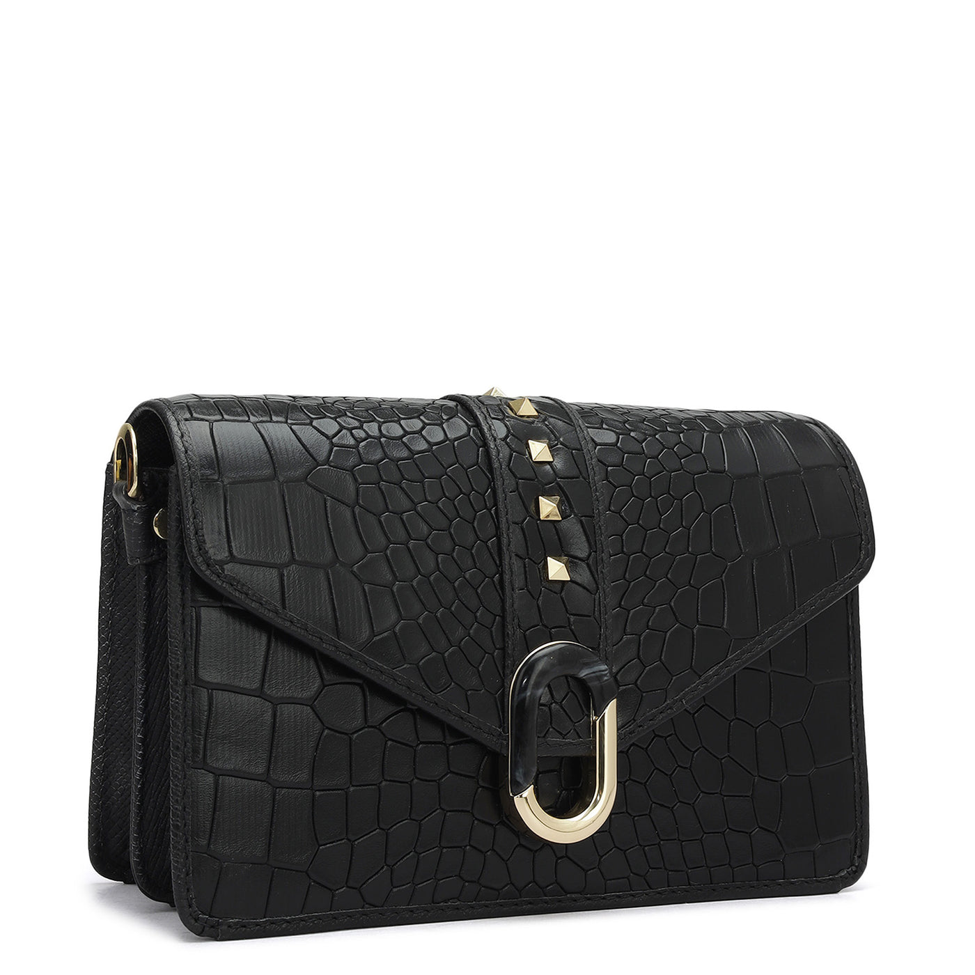 Small Croco Leather Shoulder Bag - Black
