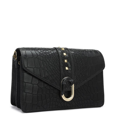 Small Croco Leather Shoulder Bag - Black