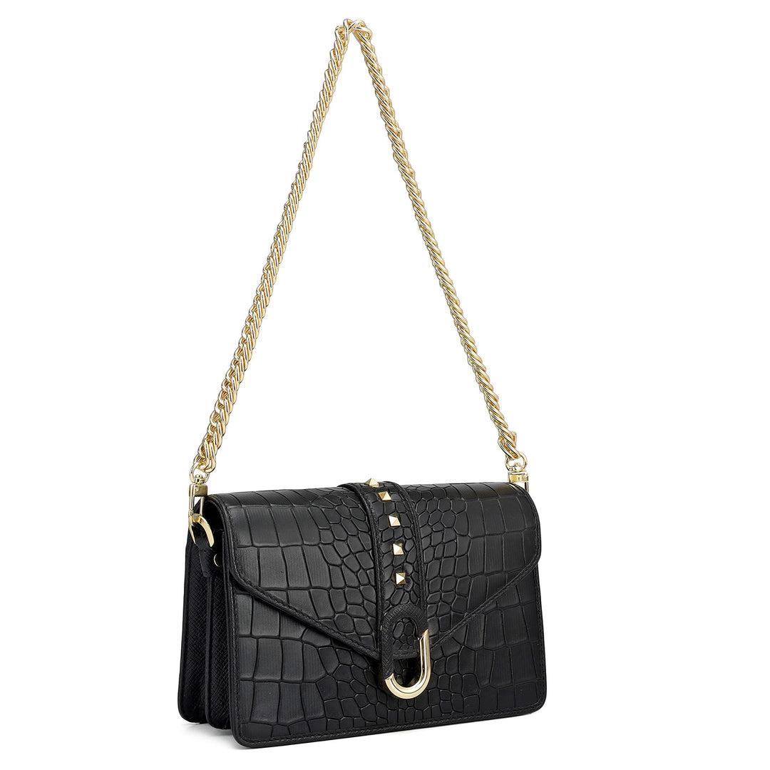 Small Croco Leather Shoulder Bag - Black