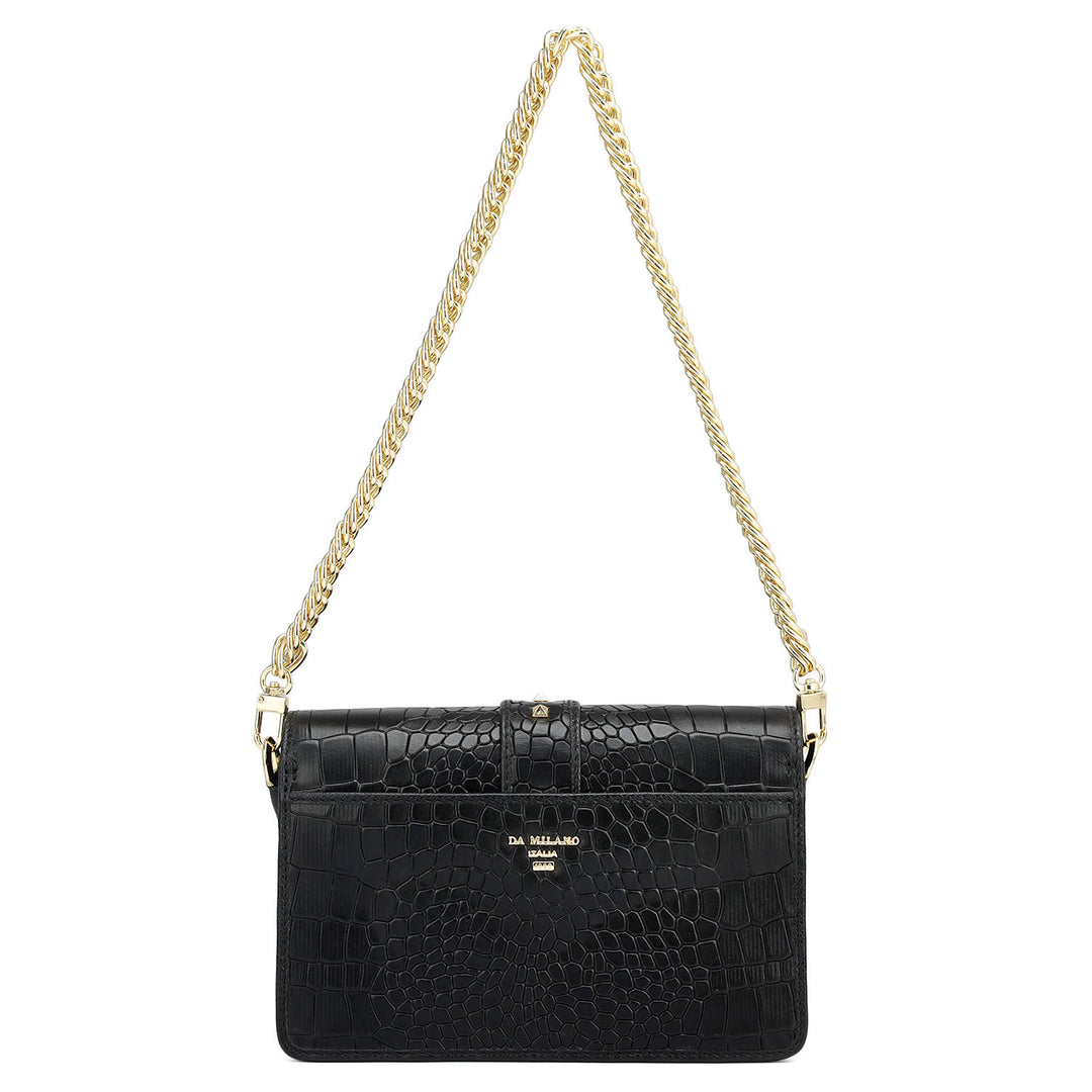 Small Croco Leather Shoulder Bag - Black