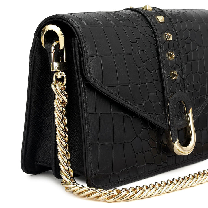Small Croco Leather Shoulder Bag - Black