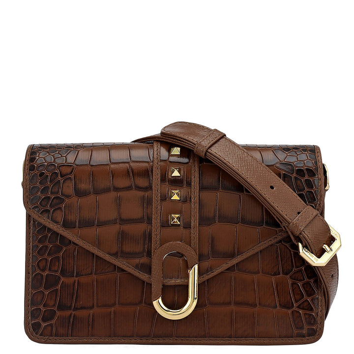 Small Croco Leather Shoulder Bag - Brown