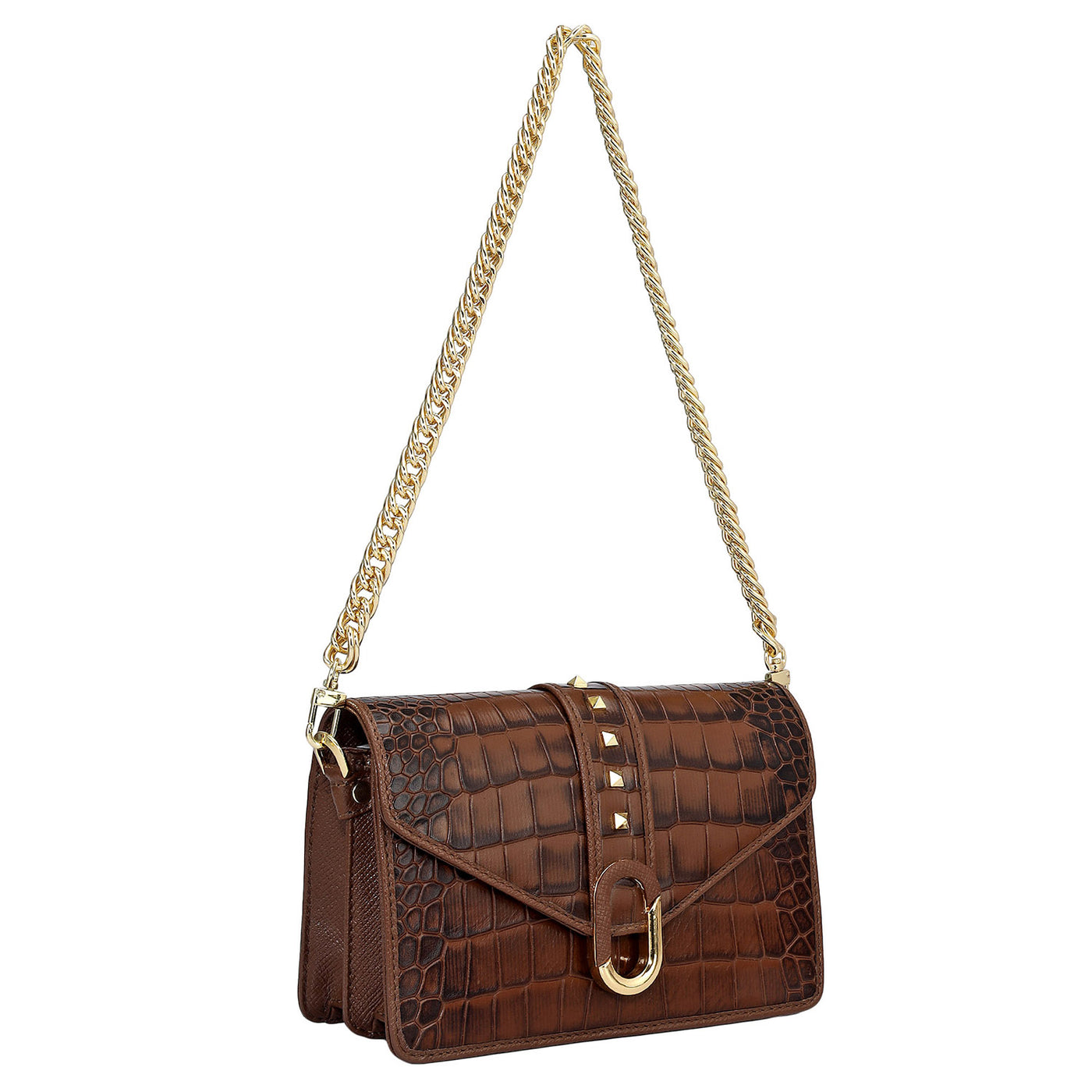 Small Croco Leather Shoulder Bag - Brown
