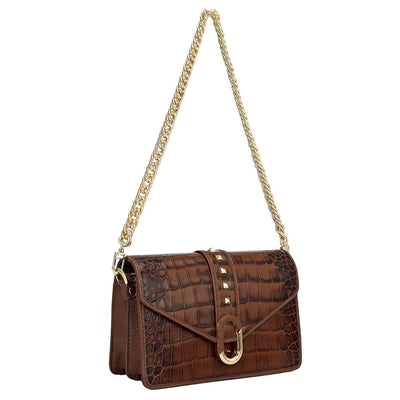 Small Croco Leather Shoulder Bag - Brown