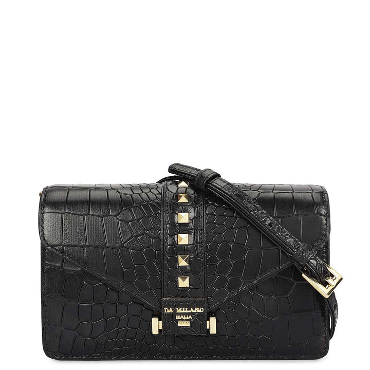 Small Croco Leather Shoulder Bag - Black