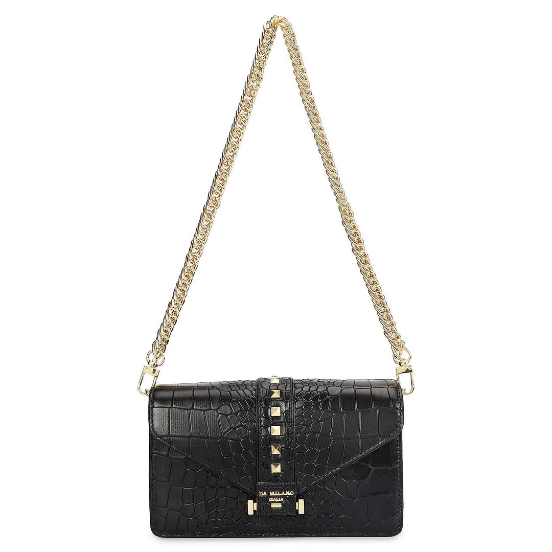 Small Croco Leather Shoulder Bag - Black
