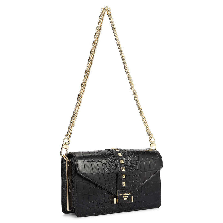Small Croco Leather Shoulder Bag - Black