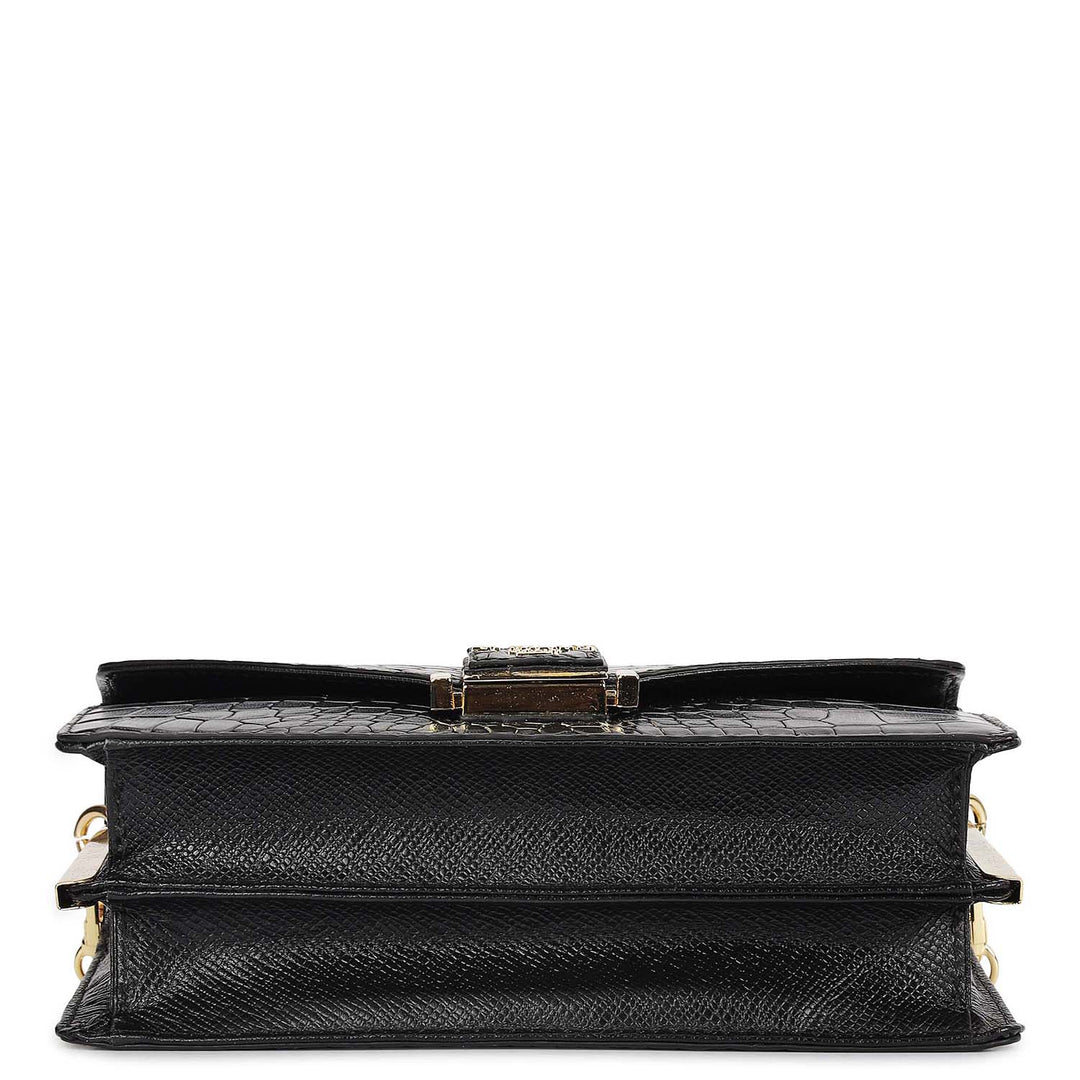 Small Croco Leather Shoulder Bag - Black