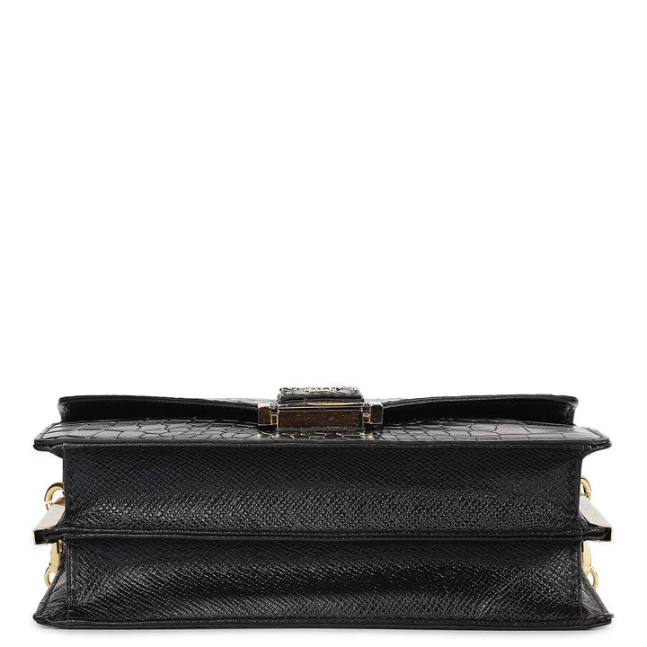 Small Croco Leather Shoulder Bag - Black