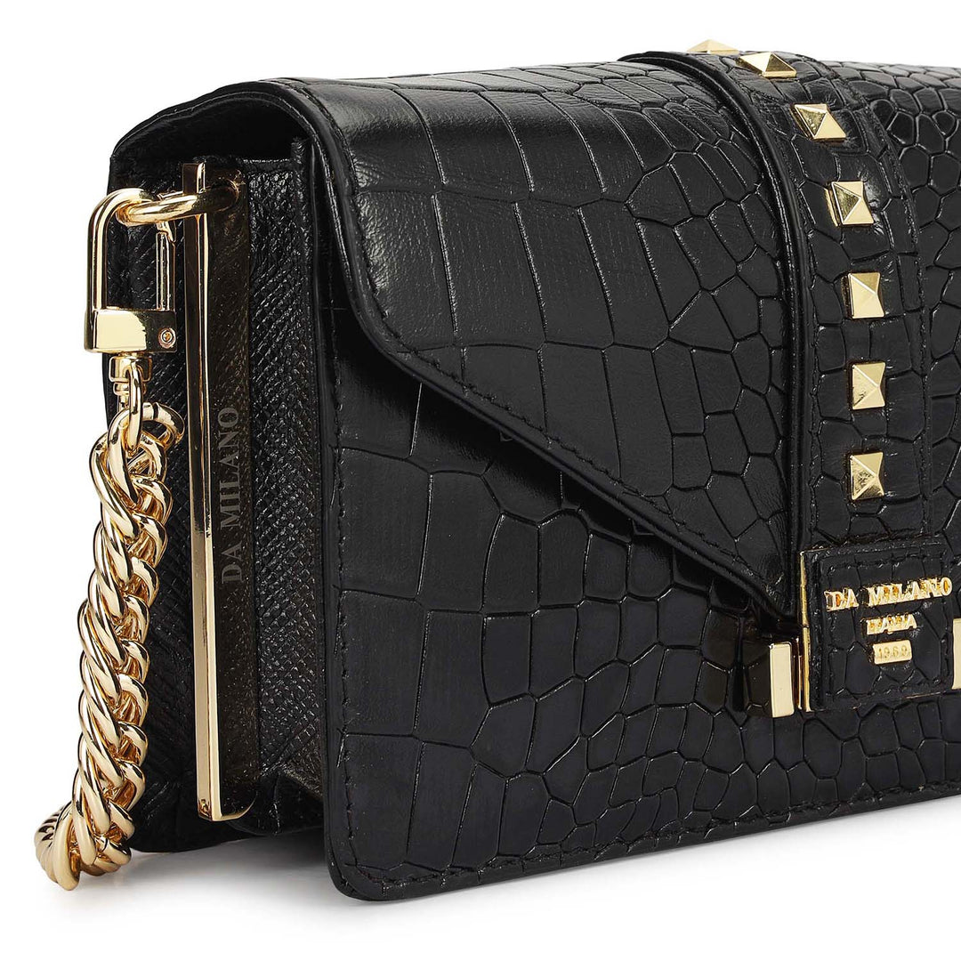 Small Croco Leather Shoulder Bag - Black