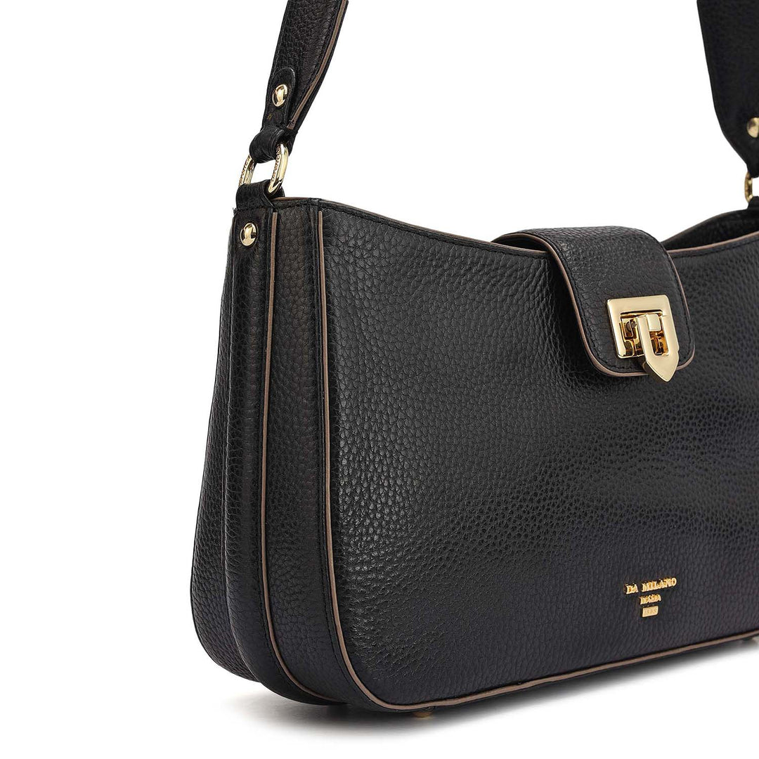 Small Wax Leather Baguette - Black