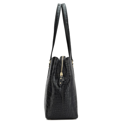 Medium Croco Leather Shoulder Bag - Black