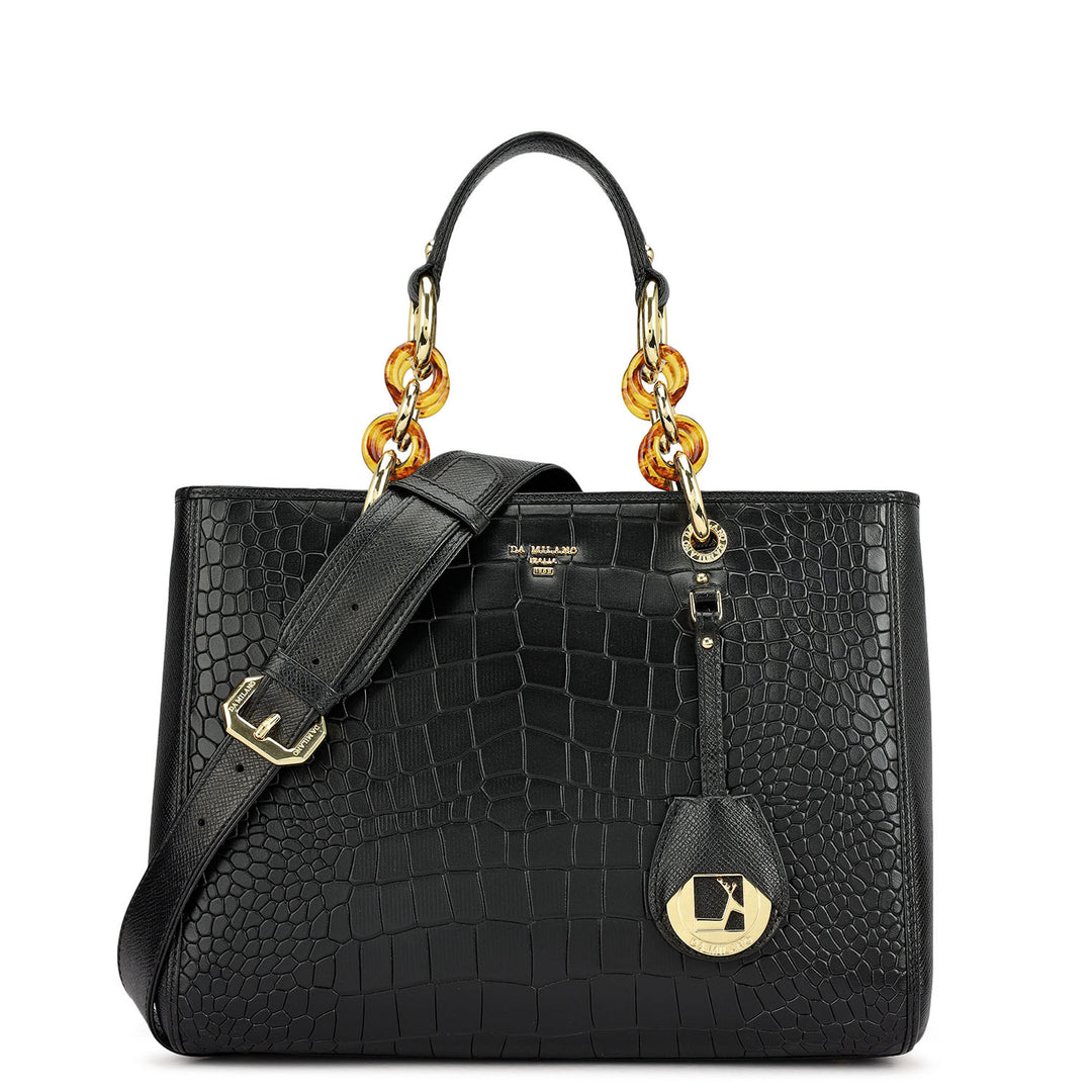 Medium Croco Leather Satchel - Black
