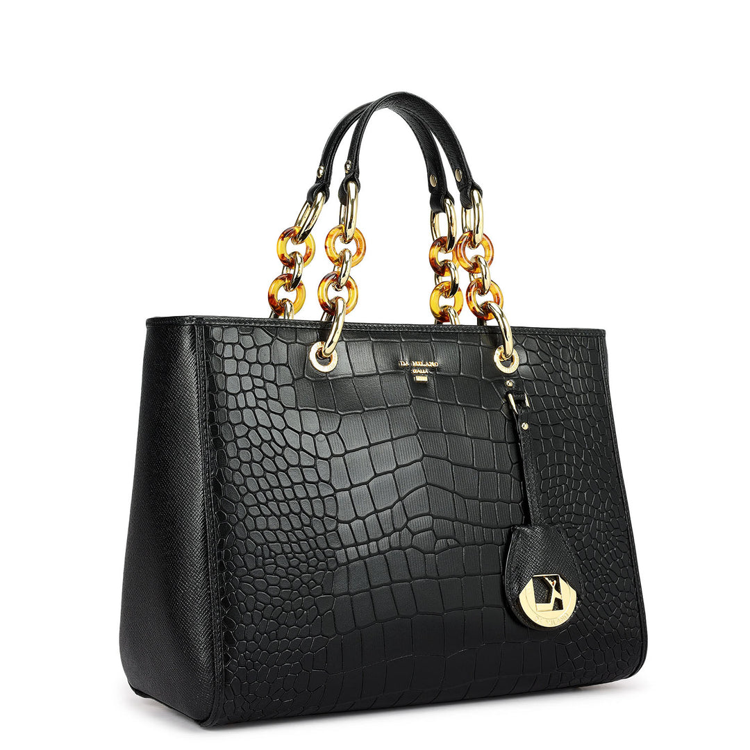 Medium Croco Leather Satchel - Black