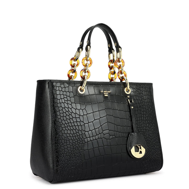 Medium Croco Leather Satchel - Black