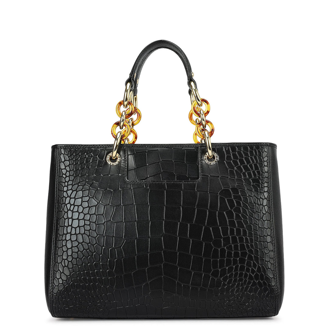 Medium Croco Leather Satchel - Black