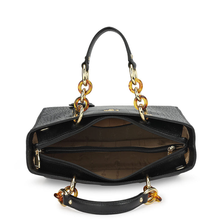 Medium Croco Leather Satchel - Black